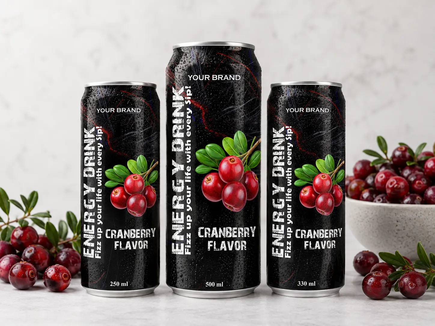 ENERGY DRINK Cranberry flavor available in 250ml, 500ml, and 330ml cans.